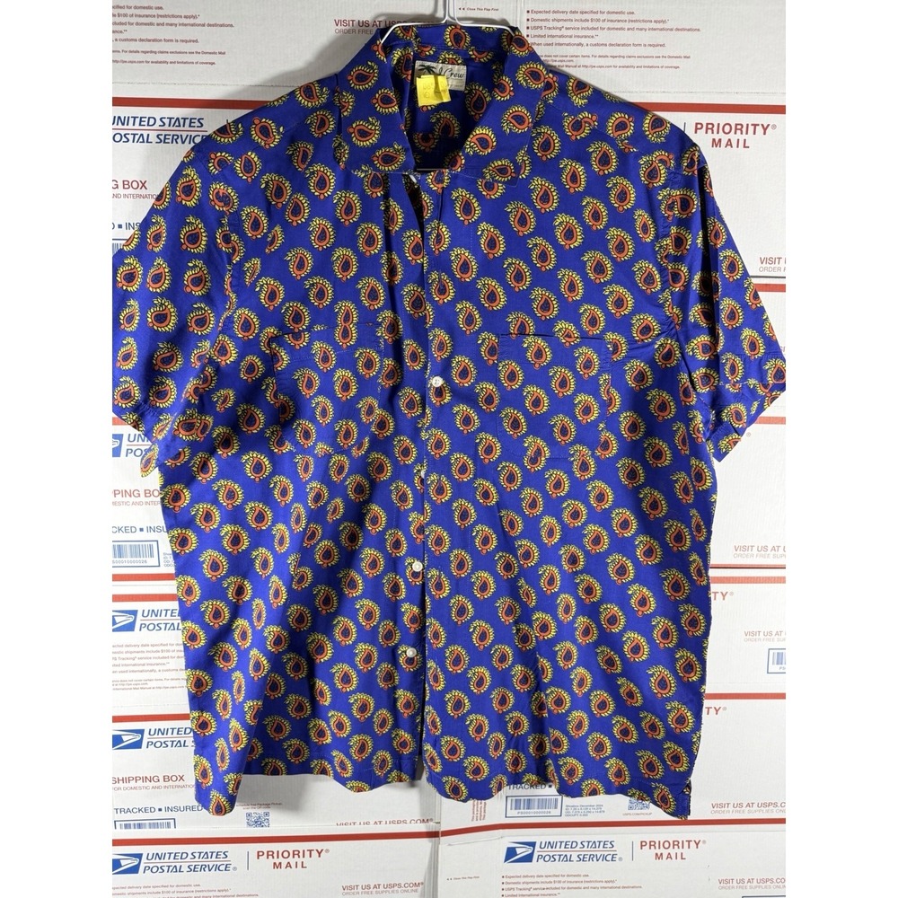 Vintage J Crew Hawaii Paisley Blue Summer Cotton Shirt Sz Lrg Print All Over